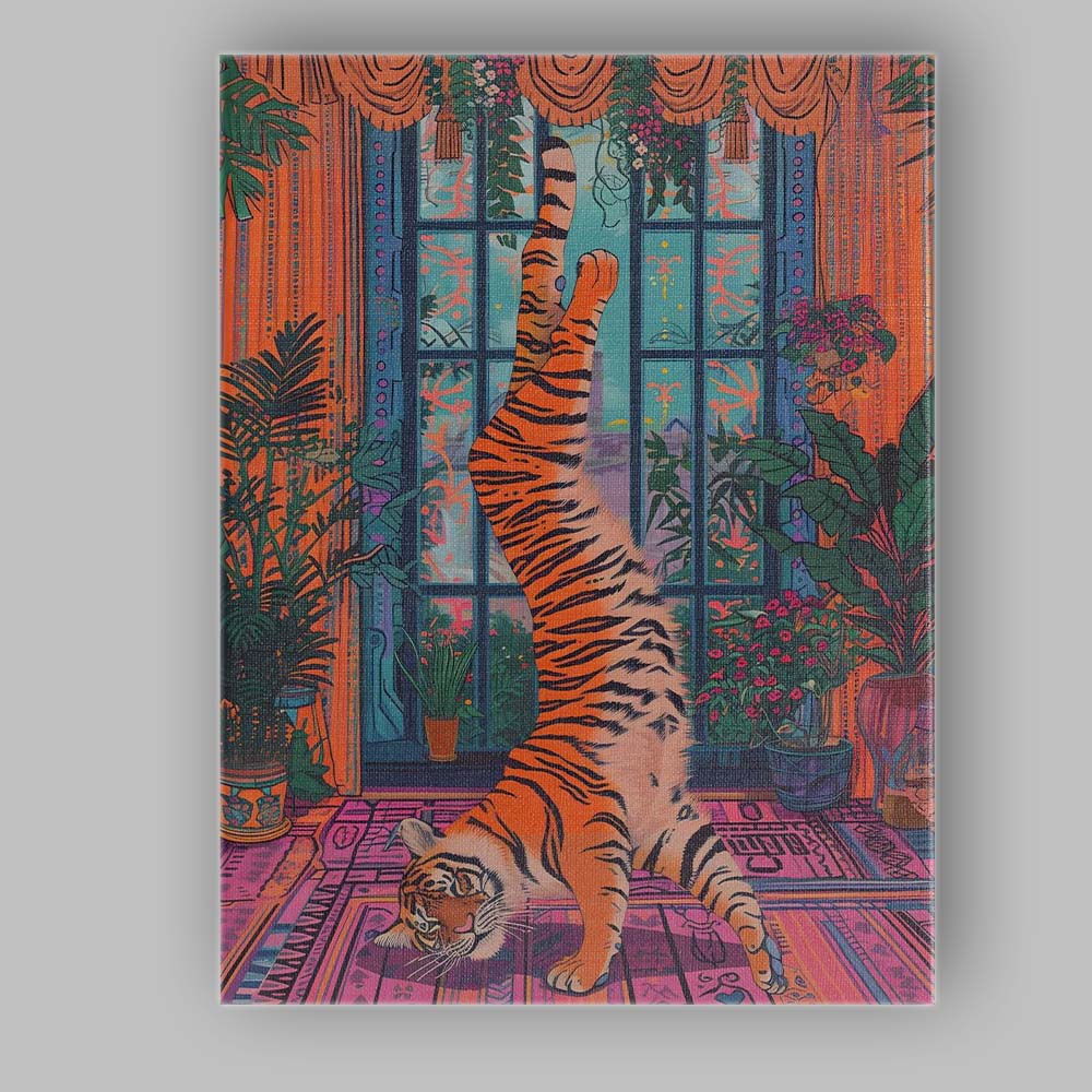 Playful Tiger Handstand Colourful Botanical Interior Canvas Wall Art Print Decor Picture Ready to Hang