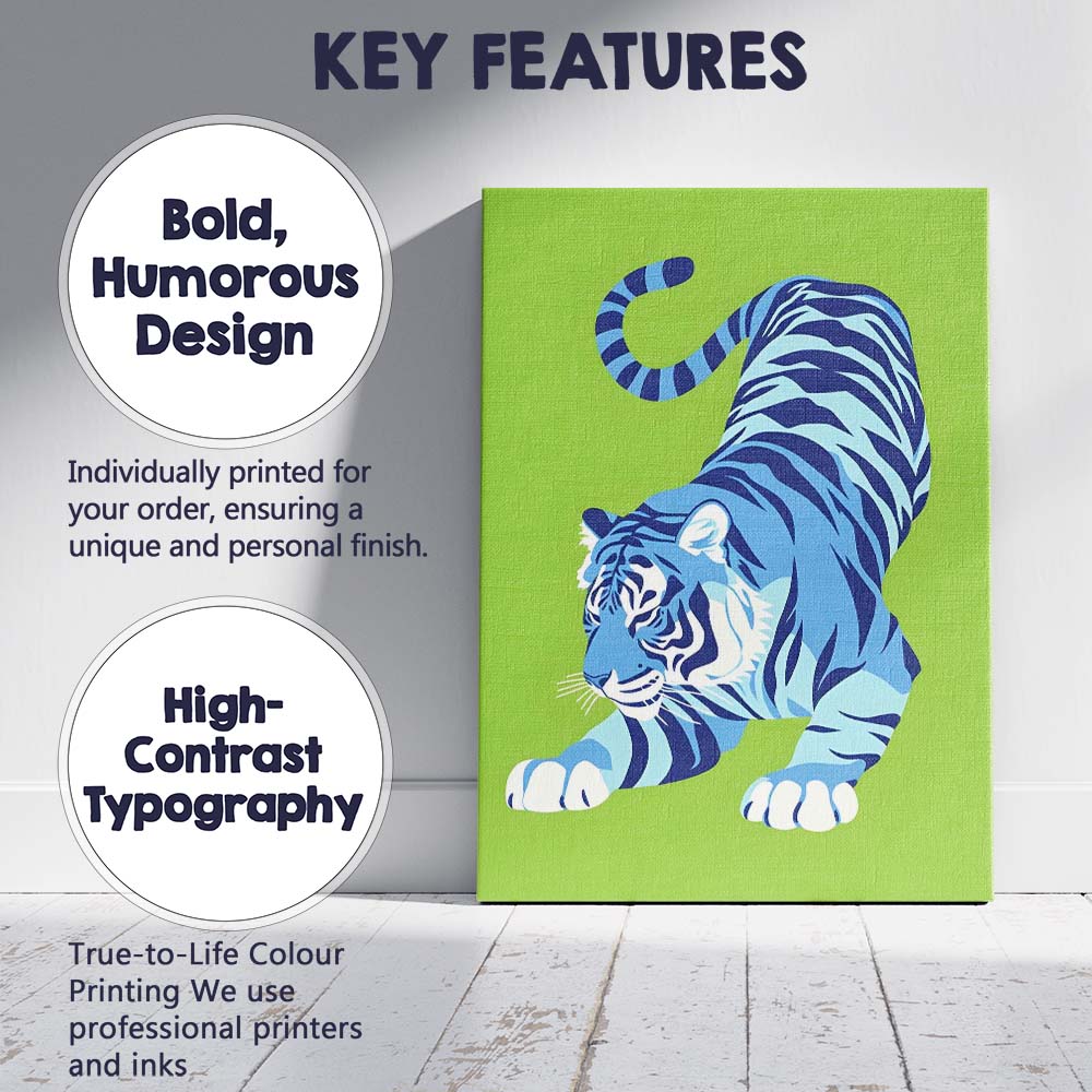 Modern Blue Tiger Lime Green Minimalist Wildlife Illustration Canvas Wall Art Print Decor Picture Ready to Hang