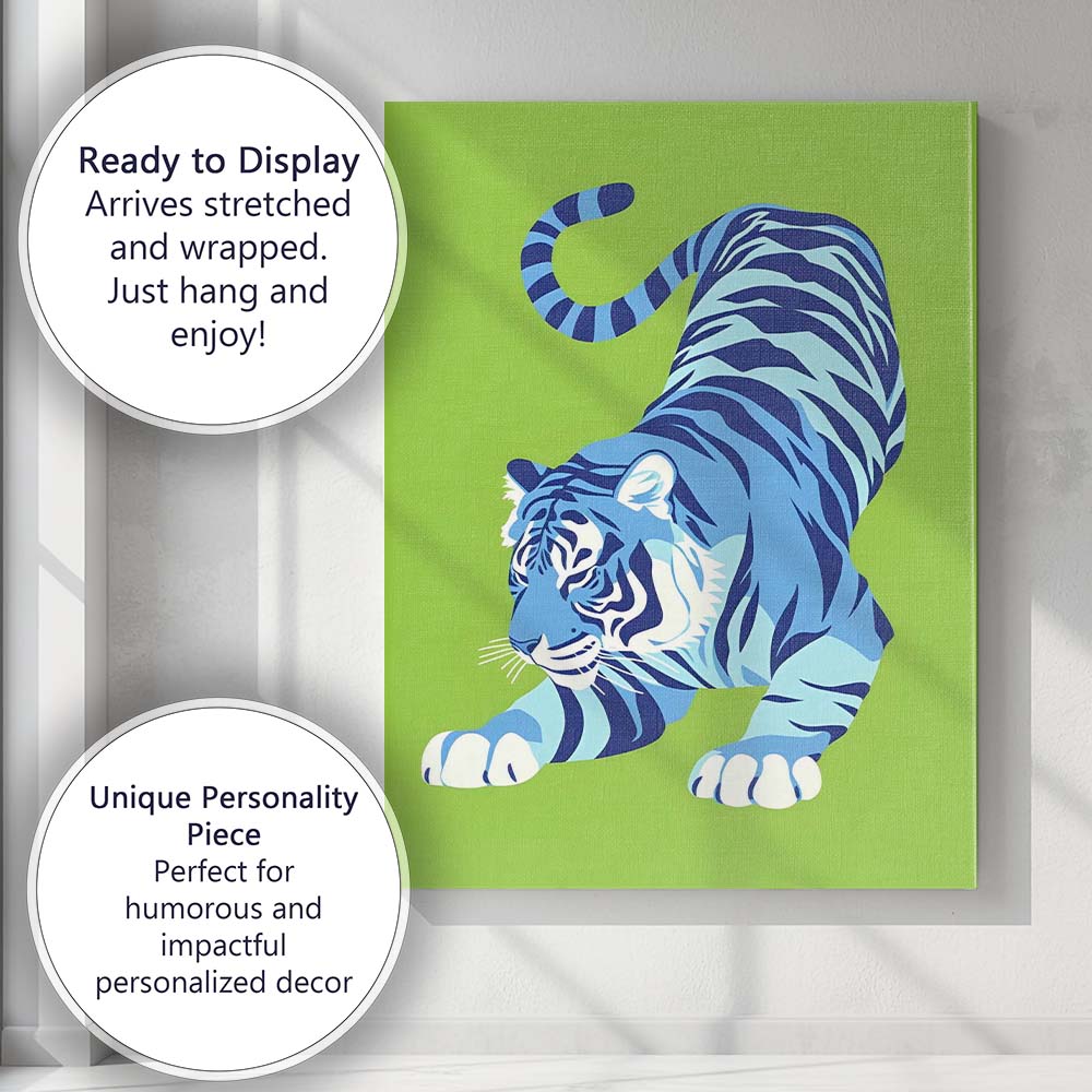 Modern Blue Tiger Lime Green Minimalist Wildlife Illustration Canvas Wall Art Print Decor Picture Ready to Hang