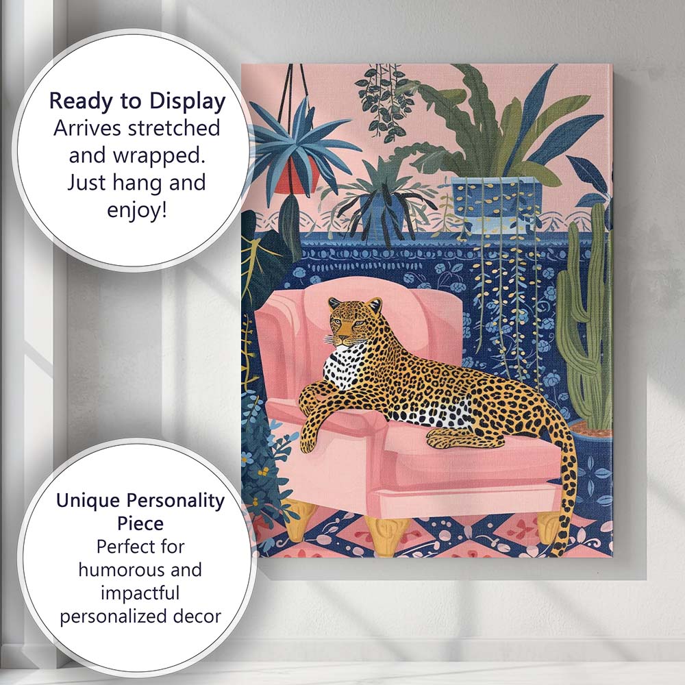 Stylish Leopard On Pink Armchair Botanical Interior Canvas Wall Art Print Decor Picture Ready to Hang