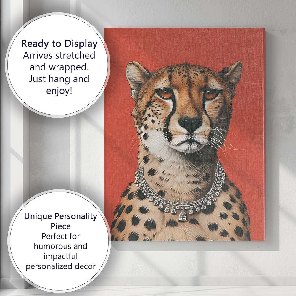 Elegant Cheetah Diamond Necklace Fashion Portrait Canvas Wall Art Print Decor Picture Ready to Hang