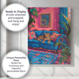 Cosy Leopard On Blue Sofa Colourful Tropical Living Room Canvas Wall Art Print Decor Picture Ready to Hang