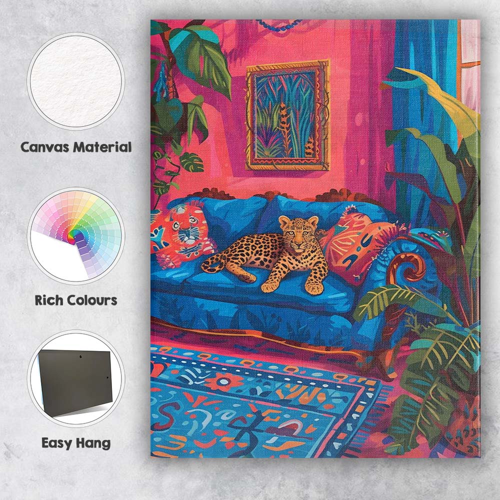 Cosy Leopard On Blue Sofa Colourful Tropical Living Room Canvas Wall Art Print Decor Picture Ready to Hang