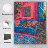 Cosy Leopard On Blue Sofa Colourful Tropical Living Room Canvas Wall Art Print Decor Picture Ready to Hang