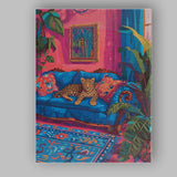 Cosy Leopard On Blue Sofa Colourful Tropical Living Room Canvas Wall Art Print Decor Picture Ready to Hang
