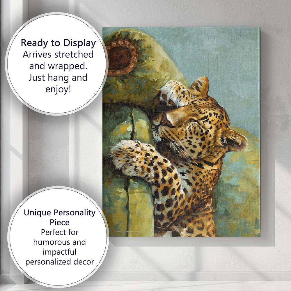 Sleeping Leopard Hugging Avocado Whimsical Animal Oil Painting Canvas Wall Art Print Decor Picture Ready to Hang