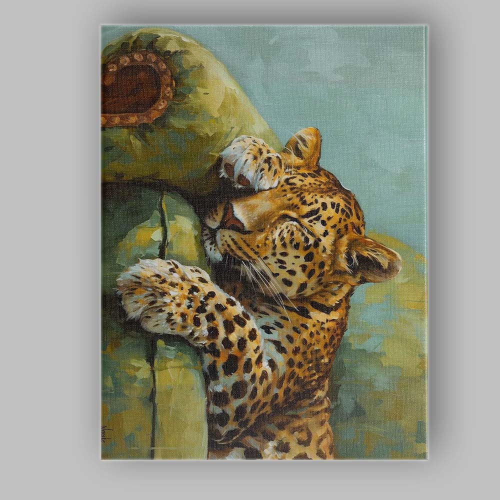 Sleeping Leopard Hugging Avocado Whimsical Animal Oil Painting Canvas Wall Art Print Decor Picture Ready to Hang