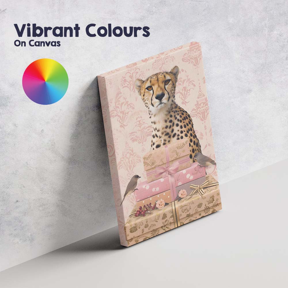Elegant Cheetah With Pink Gift Boxes Botanical Portrait Canvas Wall Art Print Decor Picture Ready to Hang