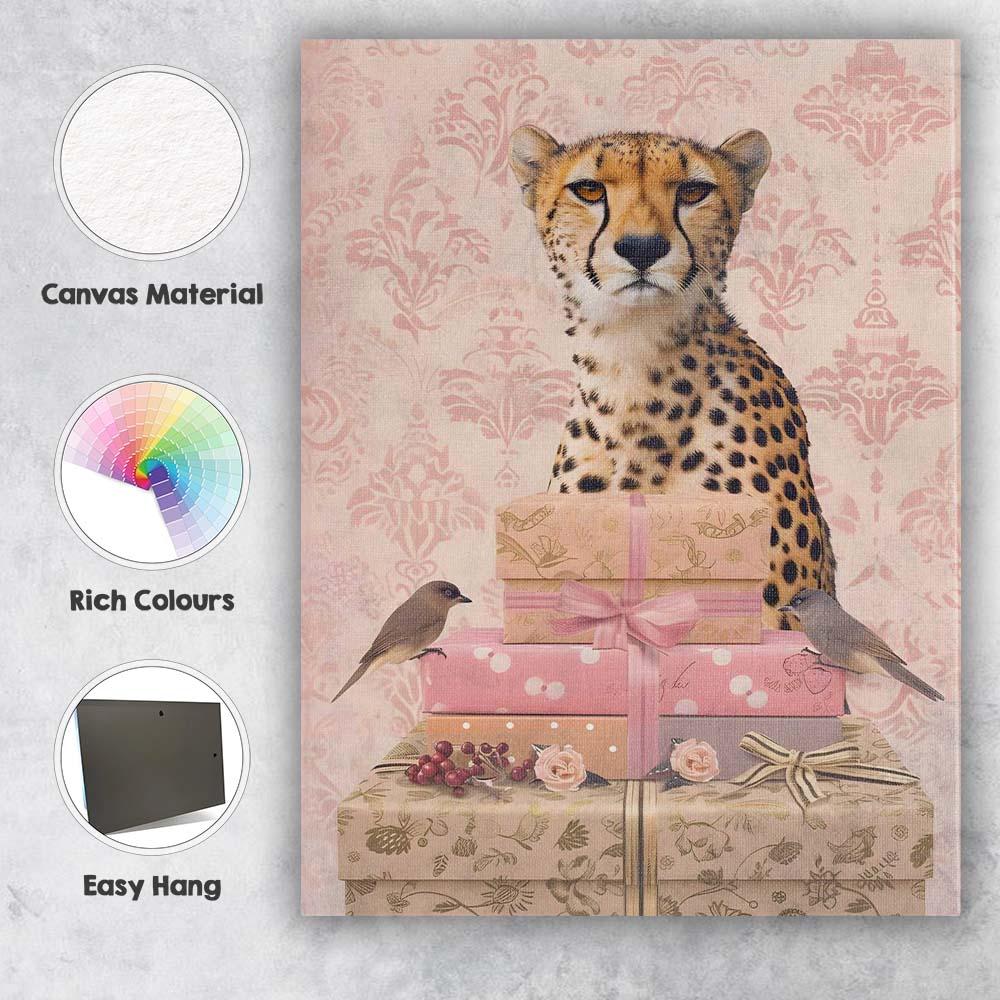 Elegant Cheetah With Pink Gift Boxes Botanical Portrait Canvas Wall Art Print Decor Picture Ready to Hang