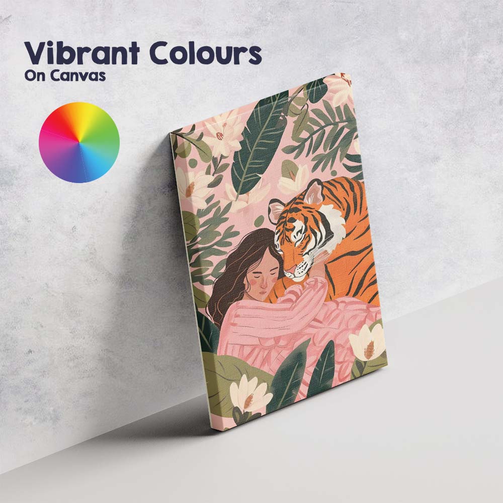 Pink Tropical Jungle Woman Hugging Tiger Illustrated Canvas Wall Art Print Decor Picture Ready to Hang