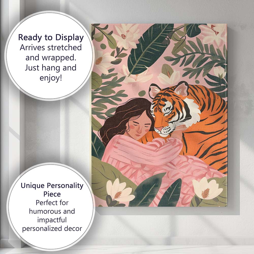 Pink Tropical Jungle Woman Hugging Tiger Illustrated Canvas Wall Art Print Decor Picture Ready to Hang