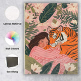 Pink Tropical Jungle Woman Hugging Tiger Illustrated Canvas Wall Art Print Decor Picture Ready to Hang