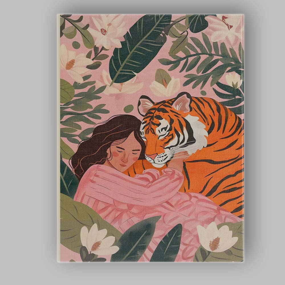 Pink Tropical Jungle Woman Hugging Tiger Illustrated Canvas Wall Art Print Decor Picture Ready to Hang