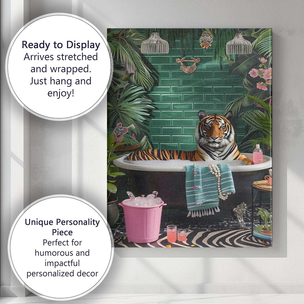 Luxury Tiger Relaxing In Bubble Bath Tropical Bathroom Canvas Wall Art Print Decor Picture Ready to Hang