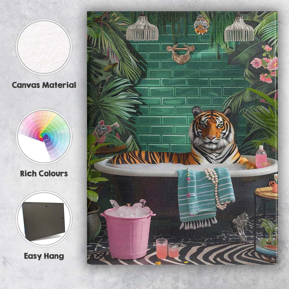 Luxury Tiger Relaxing In Bubble Bath Tropical Bathroom Canvas Wall Art Print Decor Picture Ready to Hang