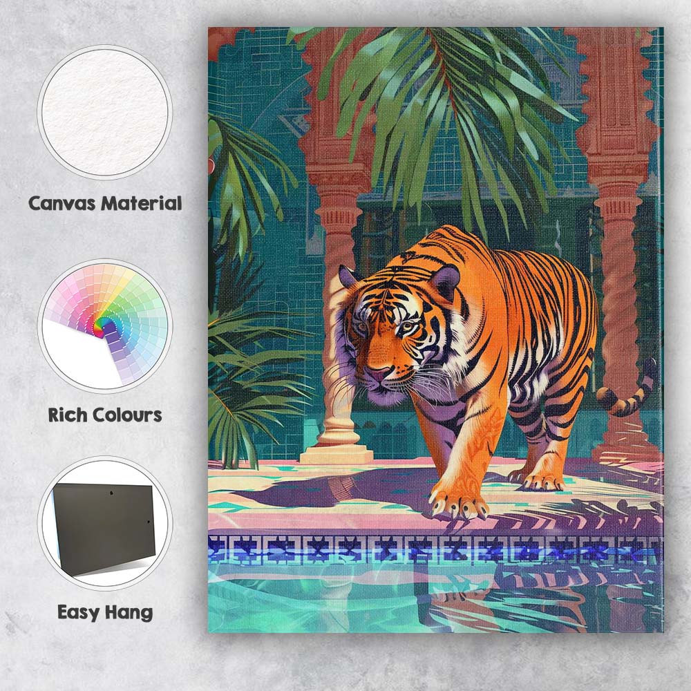 Majestic Tiger Walking Through Tropical Palace Courtyard Canvas Wall Art Print Decor Picture Ready to Hang