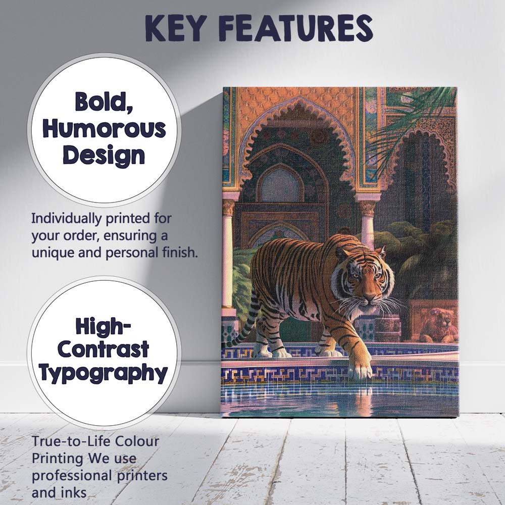 Regal Tiger Walking Beside Ornate Mosaic Pool Canvas Wall Art Print Decor Picture Ready to Hang