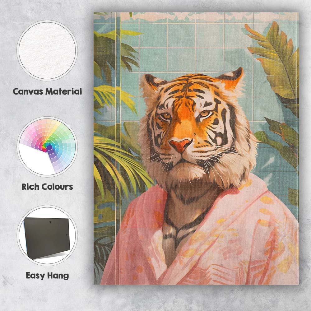 Elegant Tiger Wearing Pink Bathrobe Tropical Spa Portrait Canvas Wall Art Print Decor Picture Ready to Hang