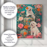 White Bichon Dogs With Ornate Floral Garden Vases Canvas Wall Art Print Decor Picture Ready to Hang