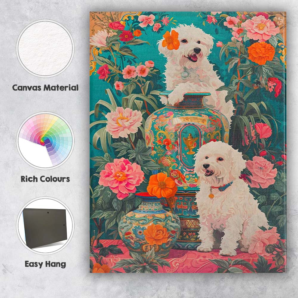 White Bichon Dogs With Ornate Floral Garden Vases Canvas Wall Art Print Decor Picture Ready to Hang
