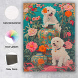 White Bichon Dogs With Ornate Floral Garden Vases Canvas Wall Art Print Decor Picture Ready to Hang