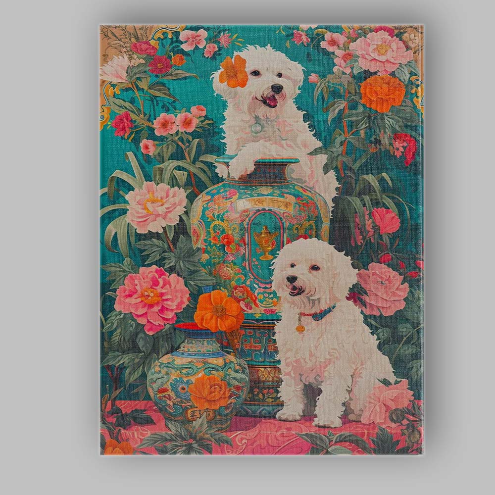 White Bichon Dogs With Ornate Floral Garden Vases Canvas Wall Art Print Decor Picture Ready to Hang