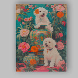 White Bichon Dogs With Ornate Floral Garden Vases Canvas Wall Art Print Decor Picture Ready to Hang