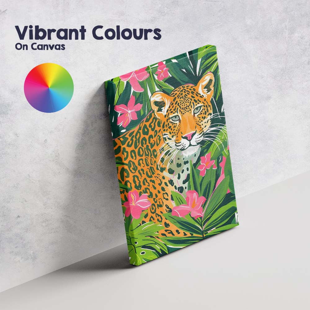 Tropical Leopard Among Pink Hibiscus Jungle Leaves Canvas Wall Art Print Decor Picture Ready to Hang