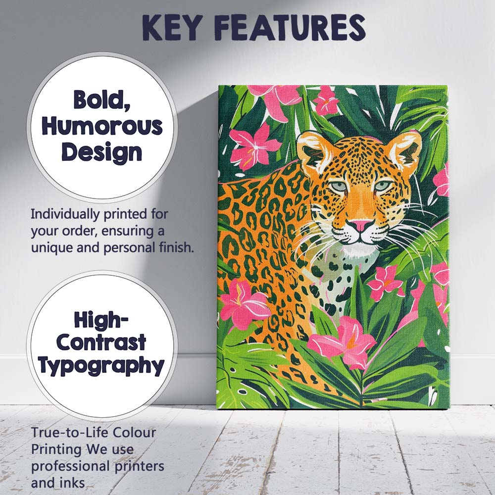 Tropical Leopard Among Pink Hibiscus Jungle Leaves Canvas Wall Art Print Decor Picture Ready to Hang
