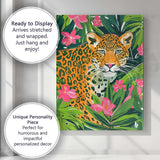 Tropical Leopard Among Pink Hibiscus Jungle Leaves Canvas Wall Art Print Decor Picture Ready to Hang