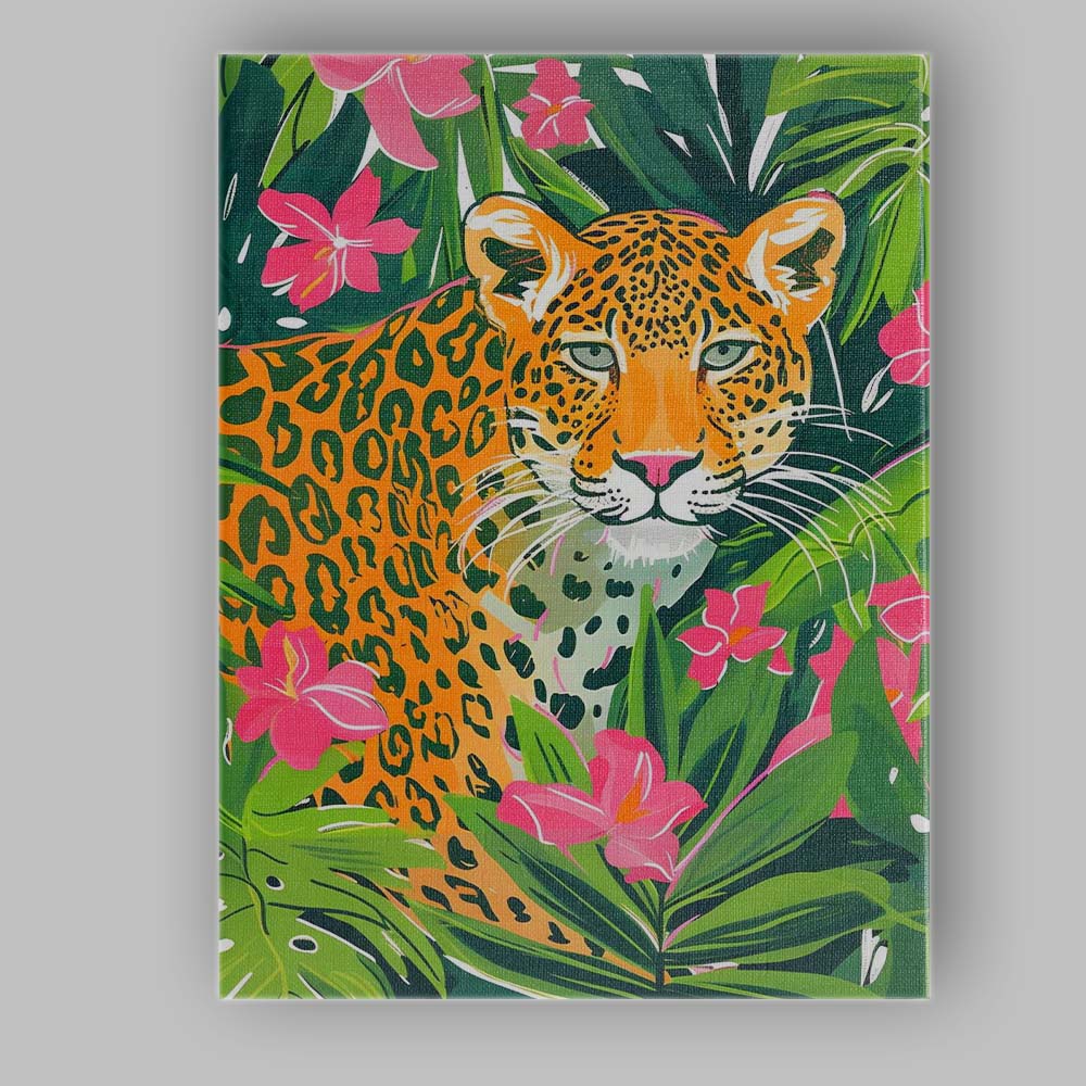 Tropical Leopard Among Pink Hibiscus Jungle Leaves Canvas Wall Art Print Decor Picture Ready to Hang