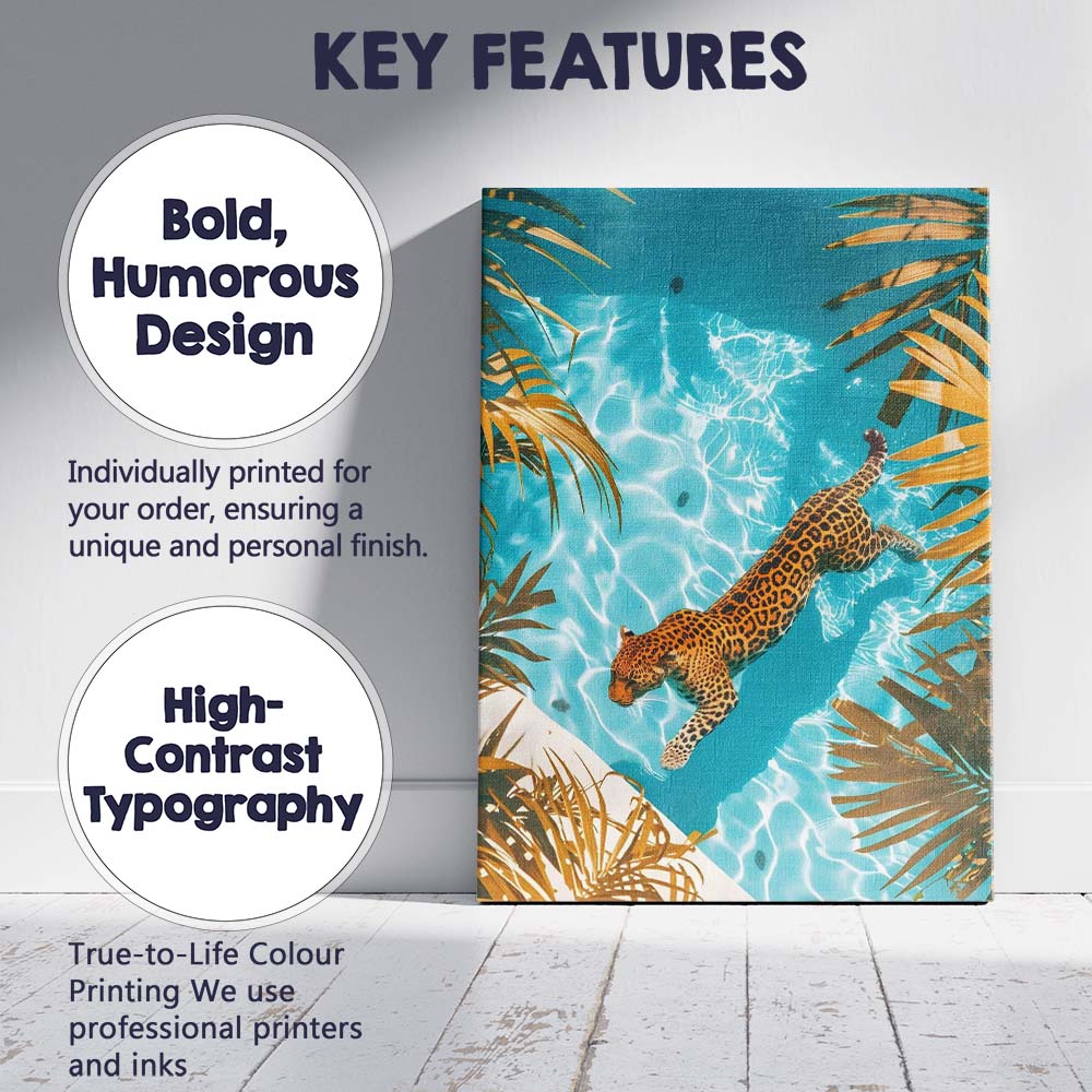 Swimming Leopard In Turquoise Tropical Pool Overhead View Canvas Wall Art Print Decor Picture Ready to Hang