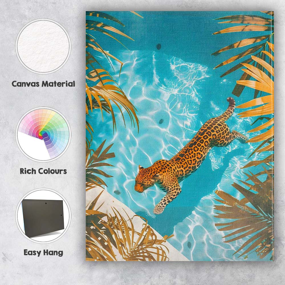 Swimming Leopard In Turquoise Tropical Pool Overhead View Canvas Wall Art Print Decor Picture Ready to Hang