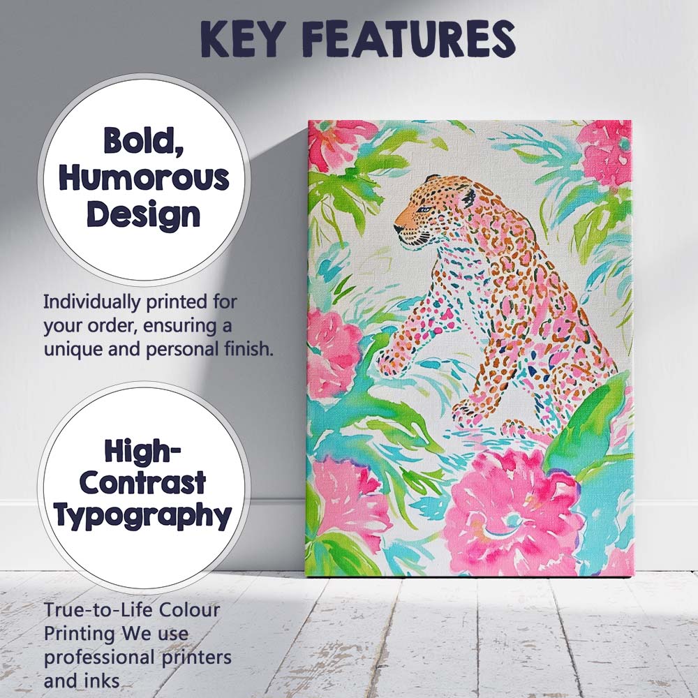 Pink Tropical Watercolour Leopard Botanical Illustration Canvas Wall Art Print Decor Picture Ready to Hang