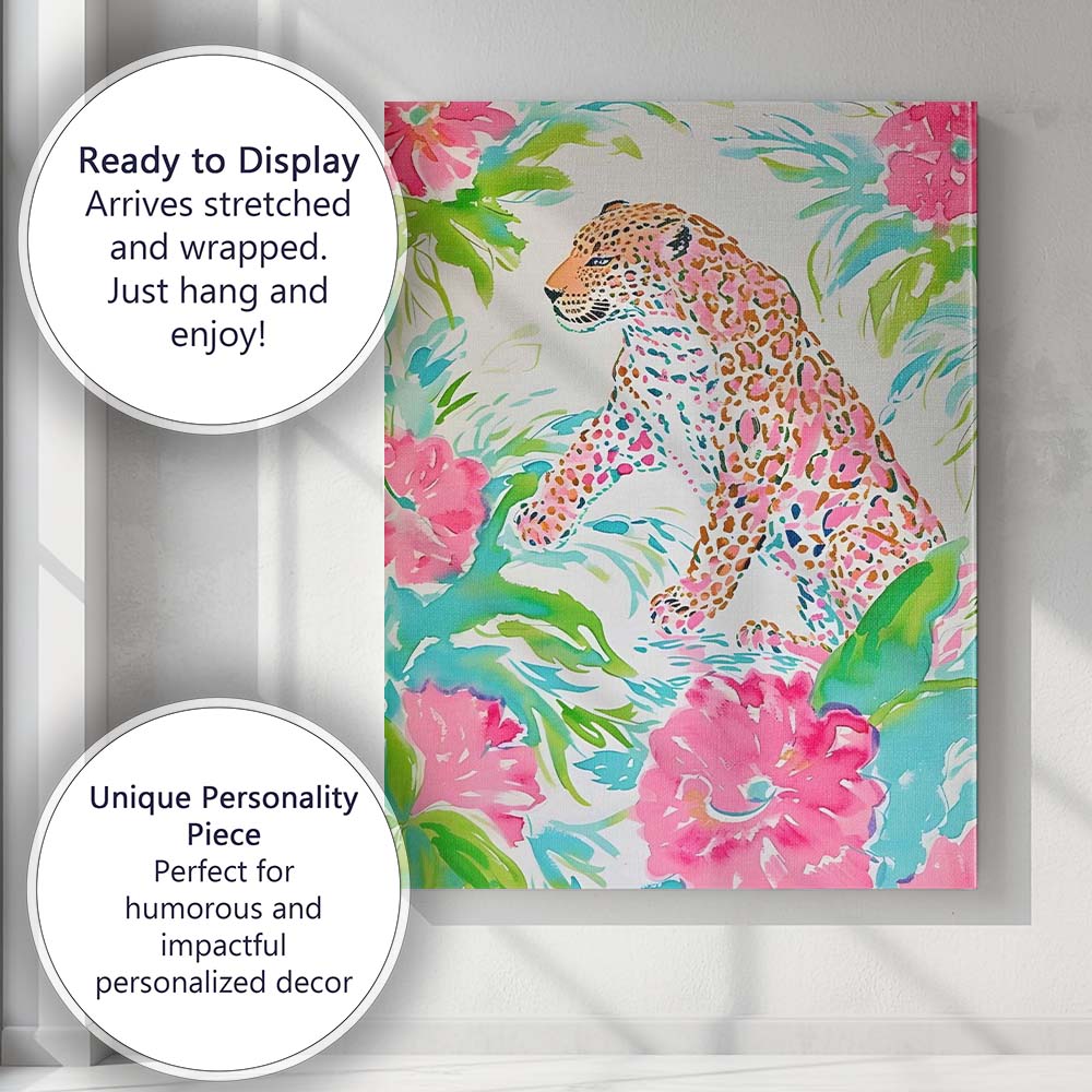 Pink Tropical Watercolour Leopard Botanical Illustration Canvas Wall Art Print Decor Picture Ready to Hang