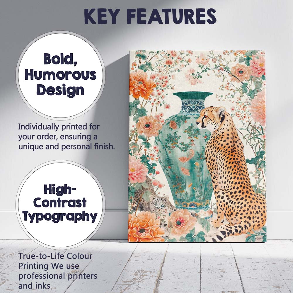 Elegant Cheetah With Turquoise Floral Vase Botanical Garden Canvas Wall Art Print Decor Picture Ready to Hang