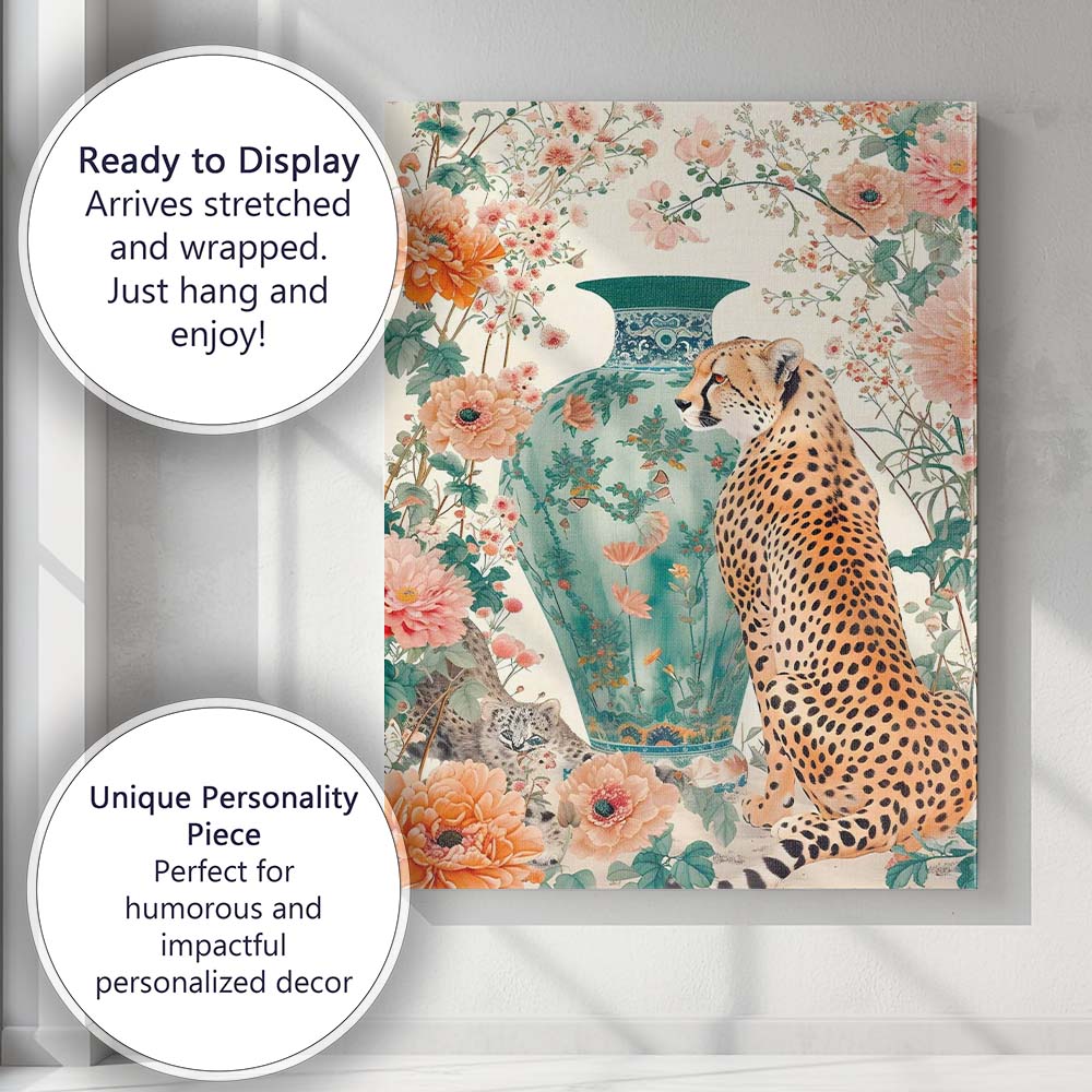 Elegant Cheetah With Turquoise Floral Vase Botanical Garden Canvas Wall Art Print Decor Picture Ready to Hang