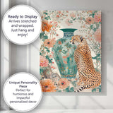 Elegant Cheetah With Turquoise Floral Vase Botanical Garden Canvas Wall Art Print Decor Picture Ready to Hang