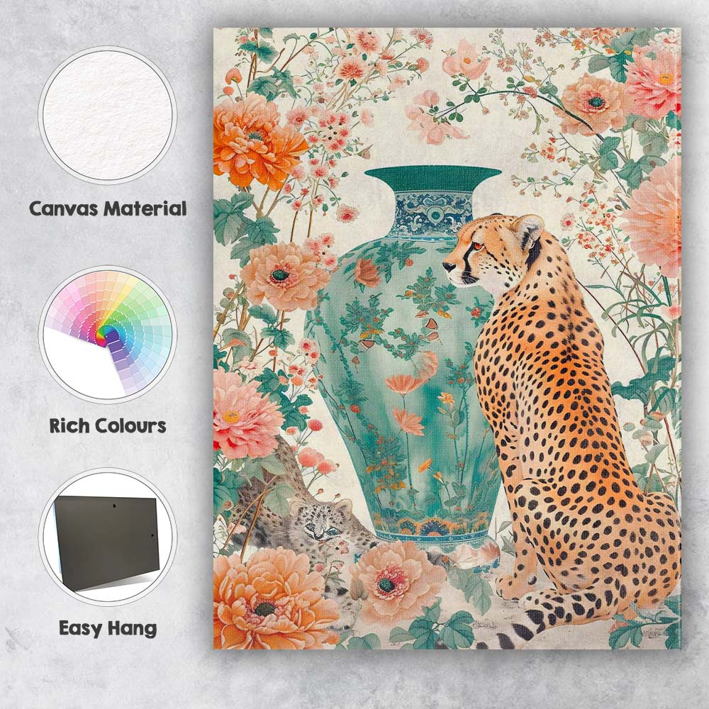 Elegant Cheetah With Turquoise Floral Vase Botanical Garden Canvas Wall Art Print Decor Picture Ready to Hang