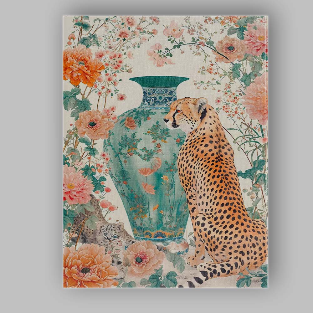 Elegant Cheetah With Turquoise Floral Vase Botanical Garden Canvas Wall Art Print Decor Picture Ready to Hang