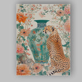 Elegant Cheetah With Turquoise Floral Vase Botanical Garden Canvas Wall Art Print Decor Picture Ready to Hang