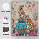 Decorative Leopard Pair With Ornate Blue Vase Floral Collage Canvas Wall Art Print Decor Picture Ready to Hang