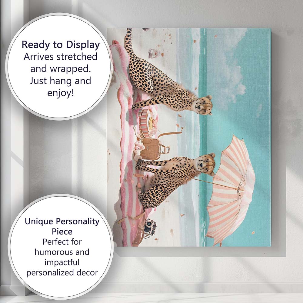 Pastel Beach Picnic Cheetah Pair Summer Coastal Scene Canvas Wall Art Print Decor Picture Ready to Hang