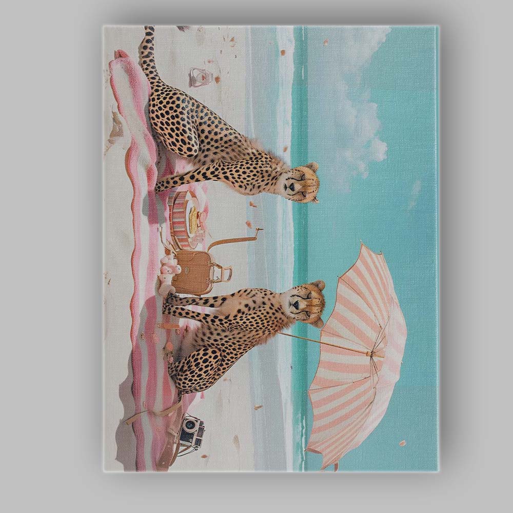 Pastel Beach Picnic Cheetah Pair Summer Coastal Scene Canvas Wall Art Print Decor Picture Ready to Hang
