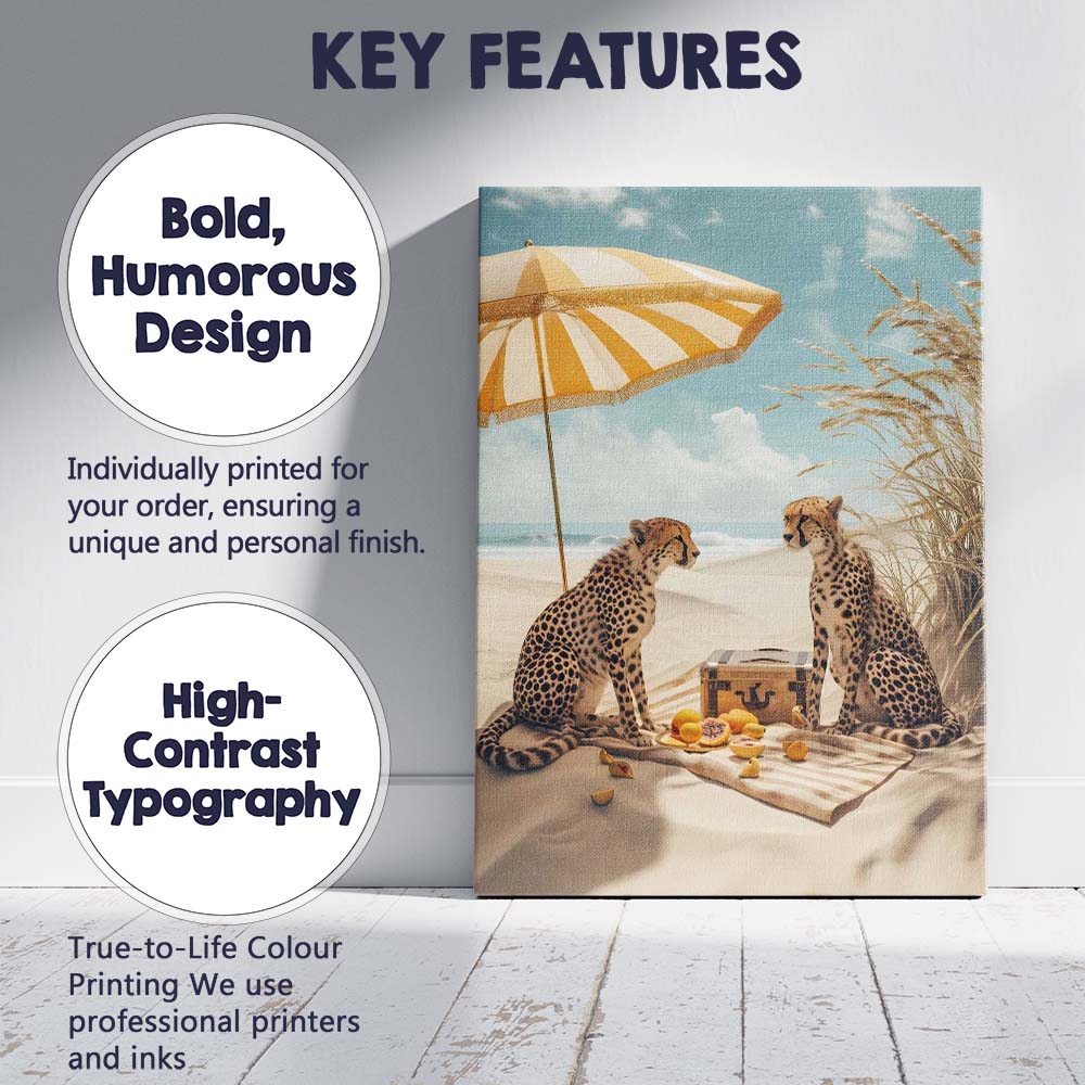 Luxury Cheetah Beach Picnic Under Yellow Striped Parasol Canvas Wall Art Print Decor Picture Ready to Hang