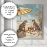 Luxury Cheetah Beach Picnic Under Yellow Striped Parasol Canvas Wall Art Print Decor Picture Ready to Hang