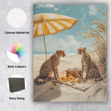 Luxury Cheetah Beach Picnic Under Yellow Striped Parasol Canvas Wall Art Print Decor Picture Ready to Hang