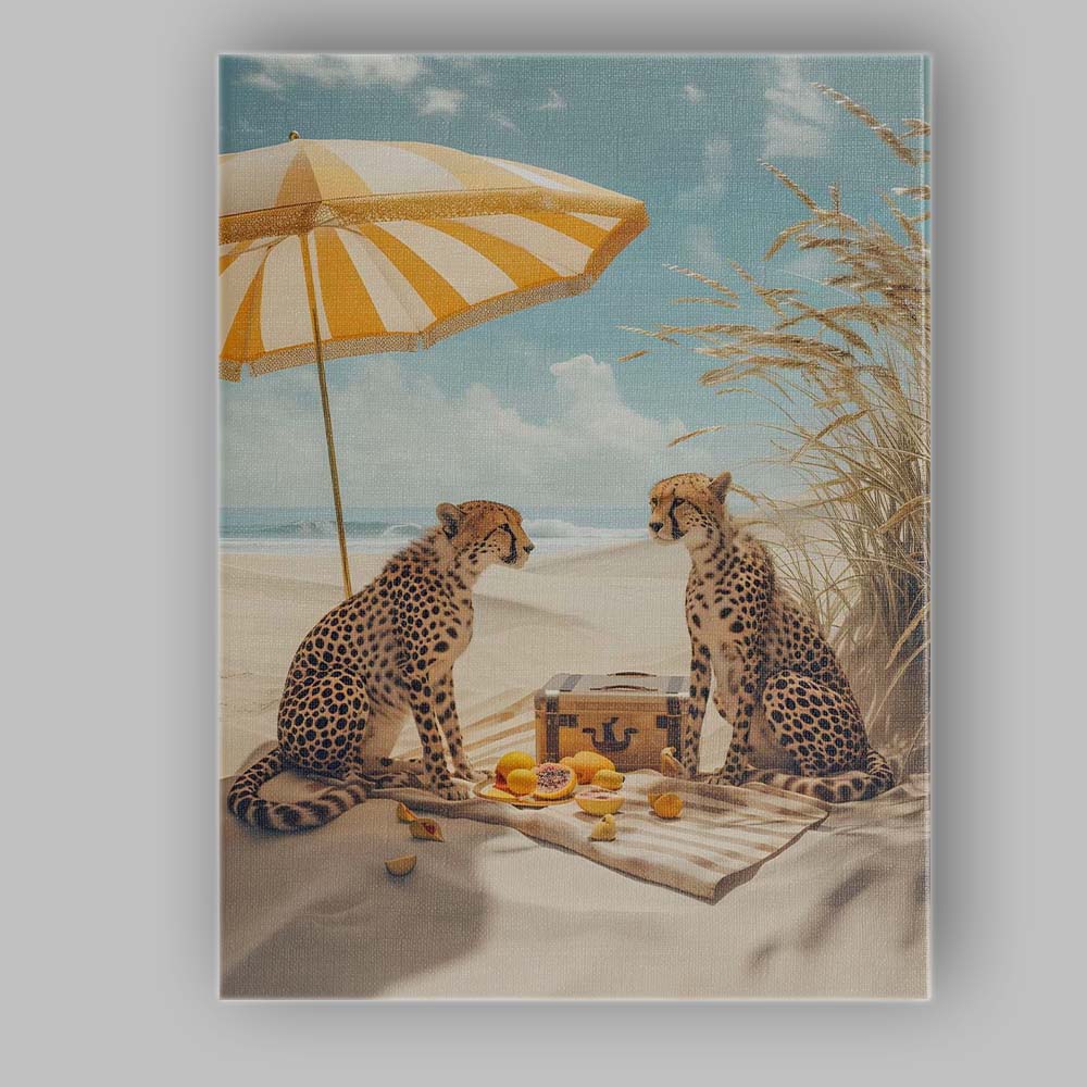 Luxury Cheetah Beach Picnic Under Yellow Striped Parasol Canvas Wall Art Print Decor Picture Ready to Hang