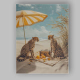 Luxury Cheetah Beach Picnic Under Yellow Striped Parasol Canvas Wall Art Print Decor Picture Ready to Hang