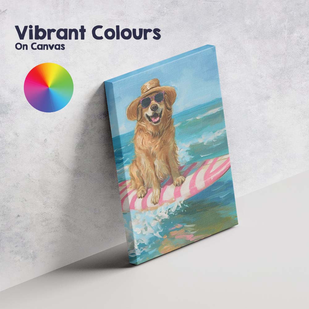 Golden Retriever Surfing On Pink Longboard Coastal Oil Painting Canvas Wall Art Print Decor Picture Ready to Hang